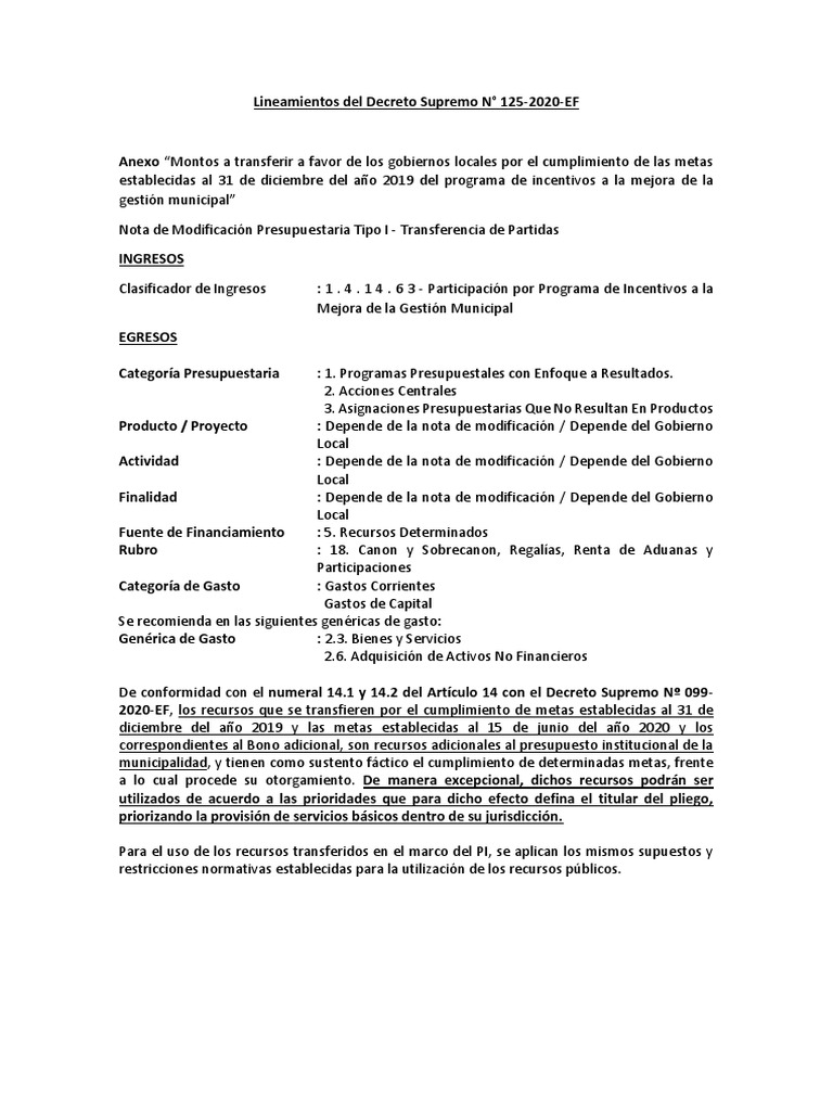 Transferencias Municipales Decreto 125-2020 | PDF | Presupuesto | Economias