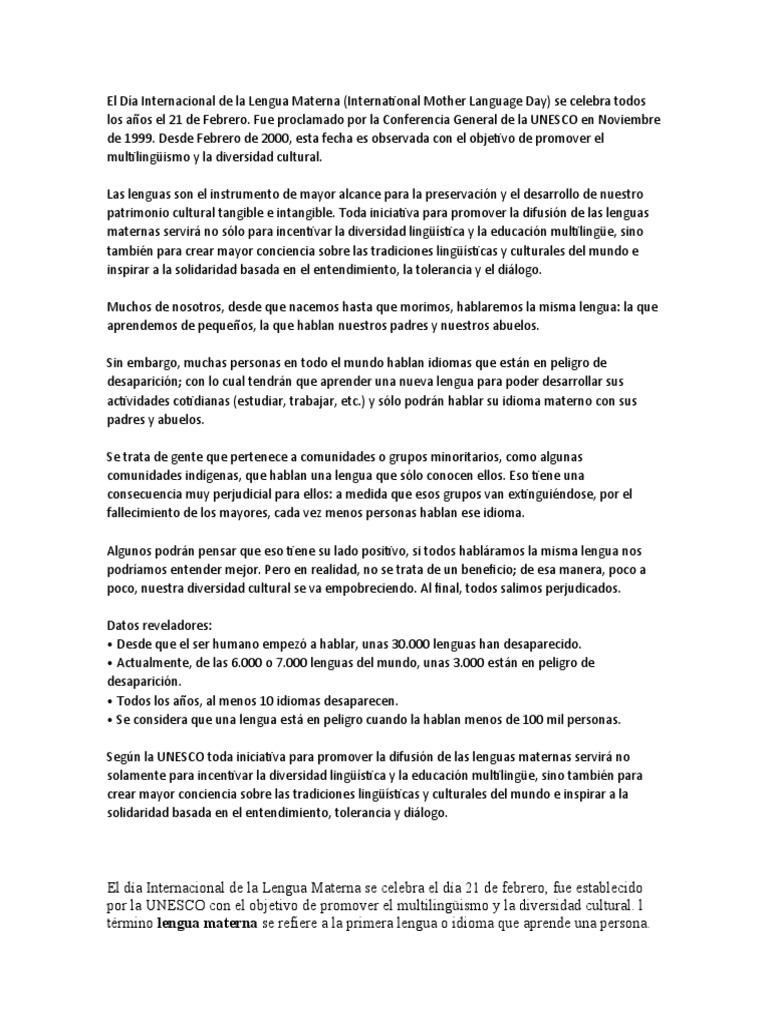 Celebración del Día de la Lengua Materna | PDF | Multilingüismo | Dialecto
