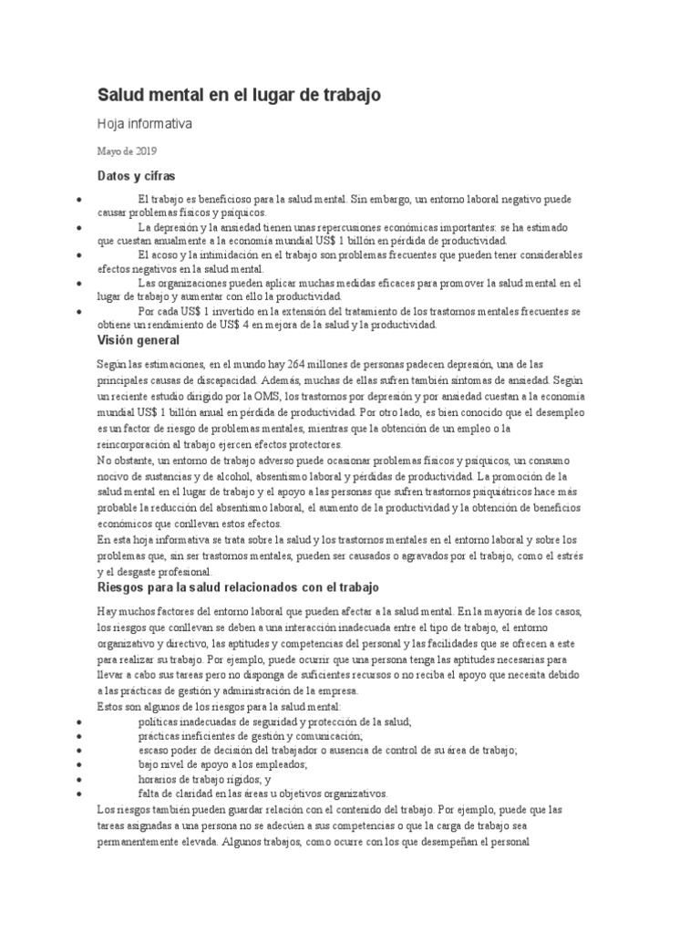 Salud Mental en el Trabajo: Impacto y Estrategias | PDF | Salud mental ...