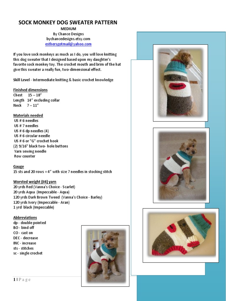 Sock Monkey Dog Sweater Pattern Medium PDF Knitting Basic