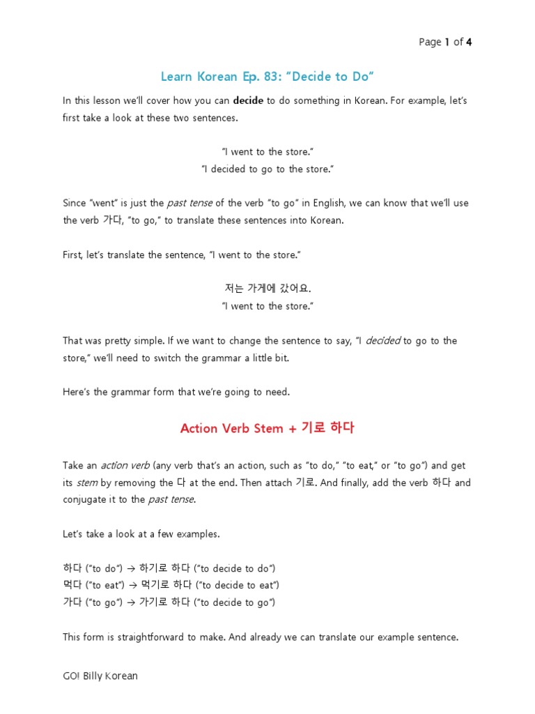 Go Billy Korean Episode Pdf Grammatical Tense Grammatical Conjugation