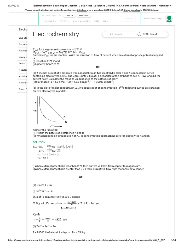 Electrochemistry, Board Paper Question CBSE Class 12Science