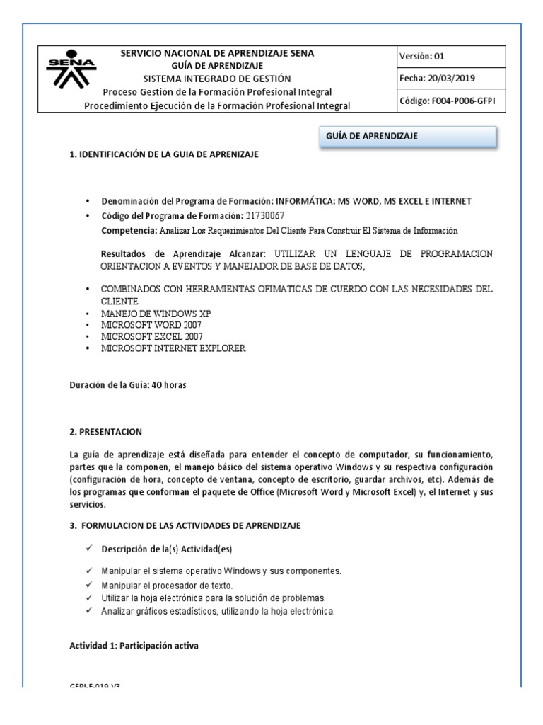 Guia de Aprendizaje Informatica Ms Word Excel e Internet | PDF ...