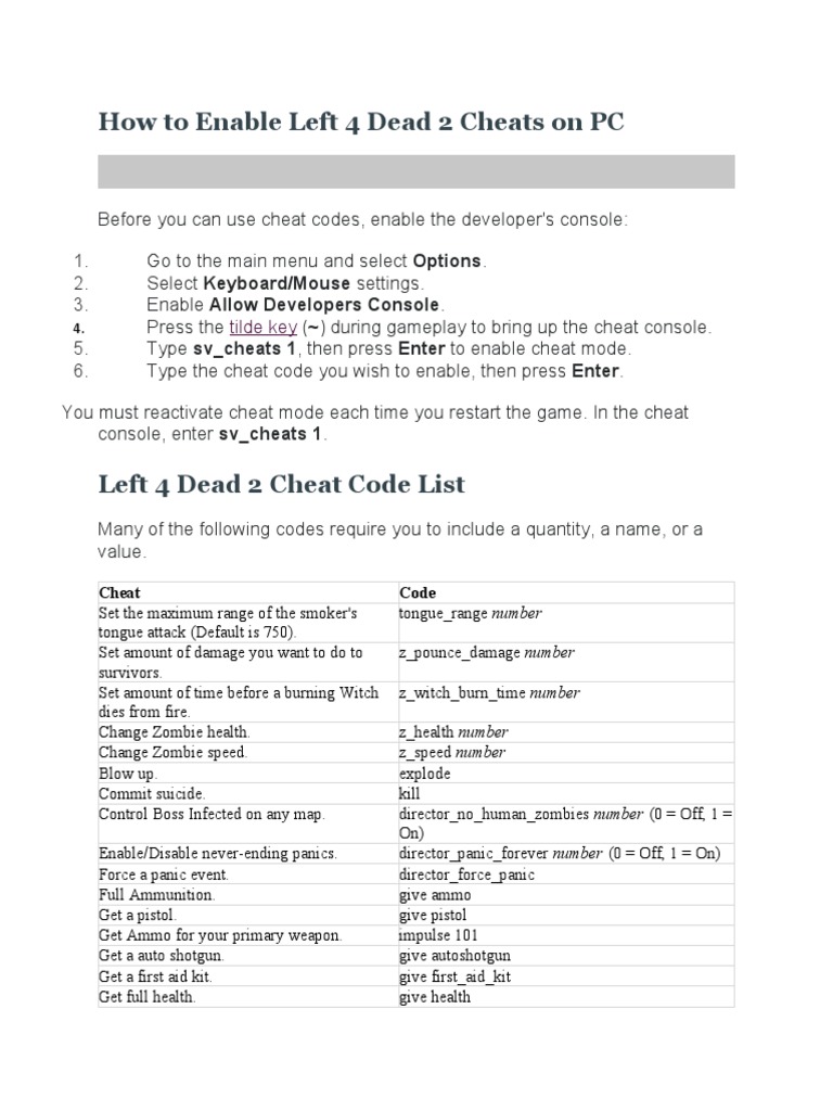 Left 4 Dead PC Cheat Codes and Achievements