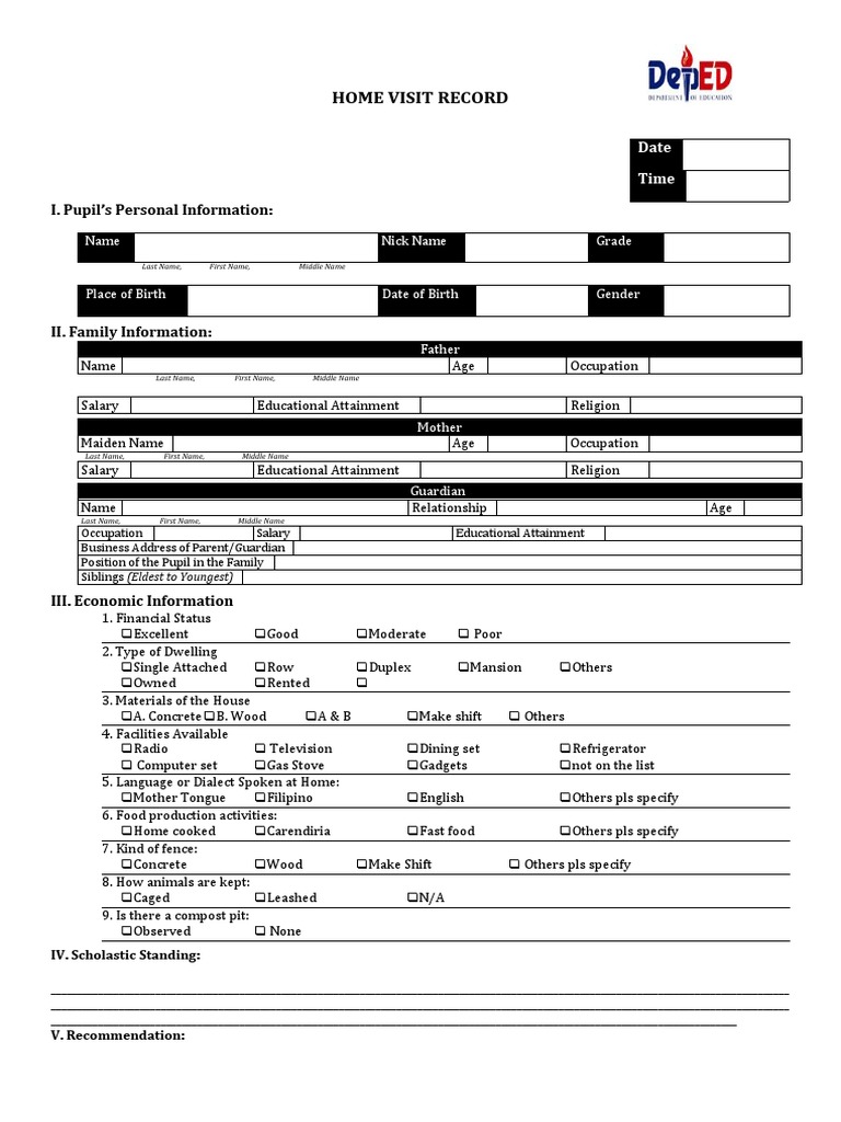 Home Visit Record: I. Pupil's Personal Information | Download Free PDF ...