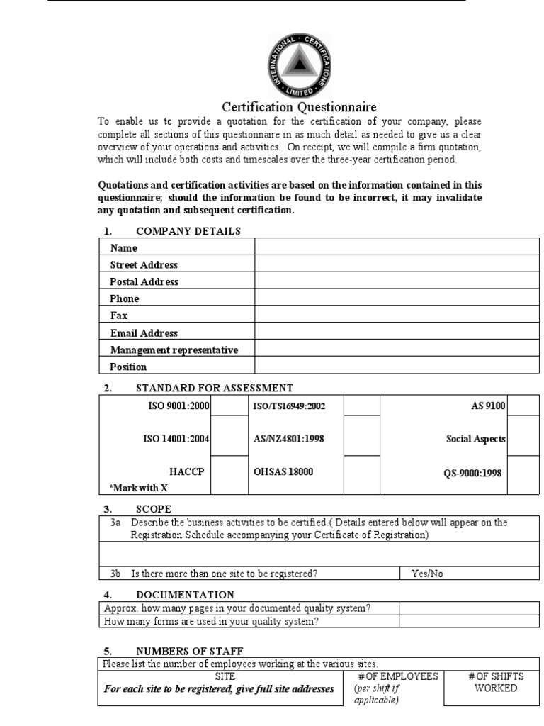 Certification Questionnaire: For Each Site To Be Registered, Give Full ...