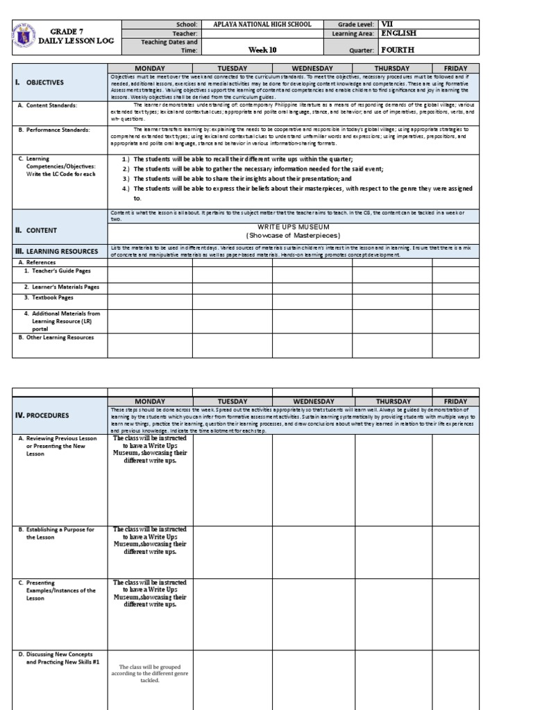Grade 7 English Daily Lesson Log | PDF | Learning | Educational Assessment