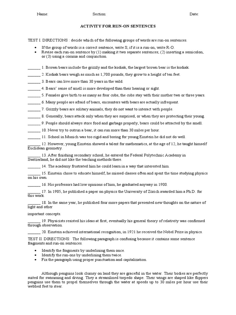 Run-On Sentence Exercise | PDF | Grizzly Bear | Penguin