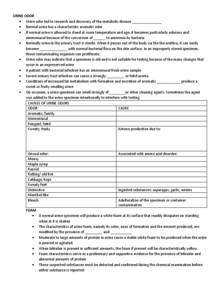 URINE ODOR Notes PDF Urine Ammonia