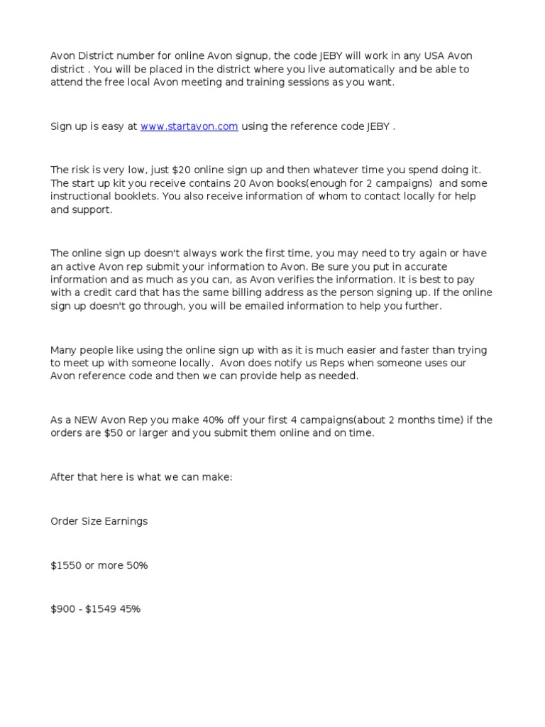 Find Your Local Avon District Numbers For Online Sign Up PDF Business