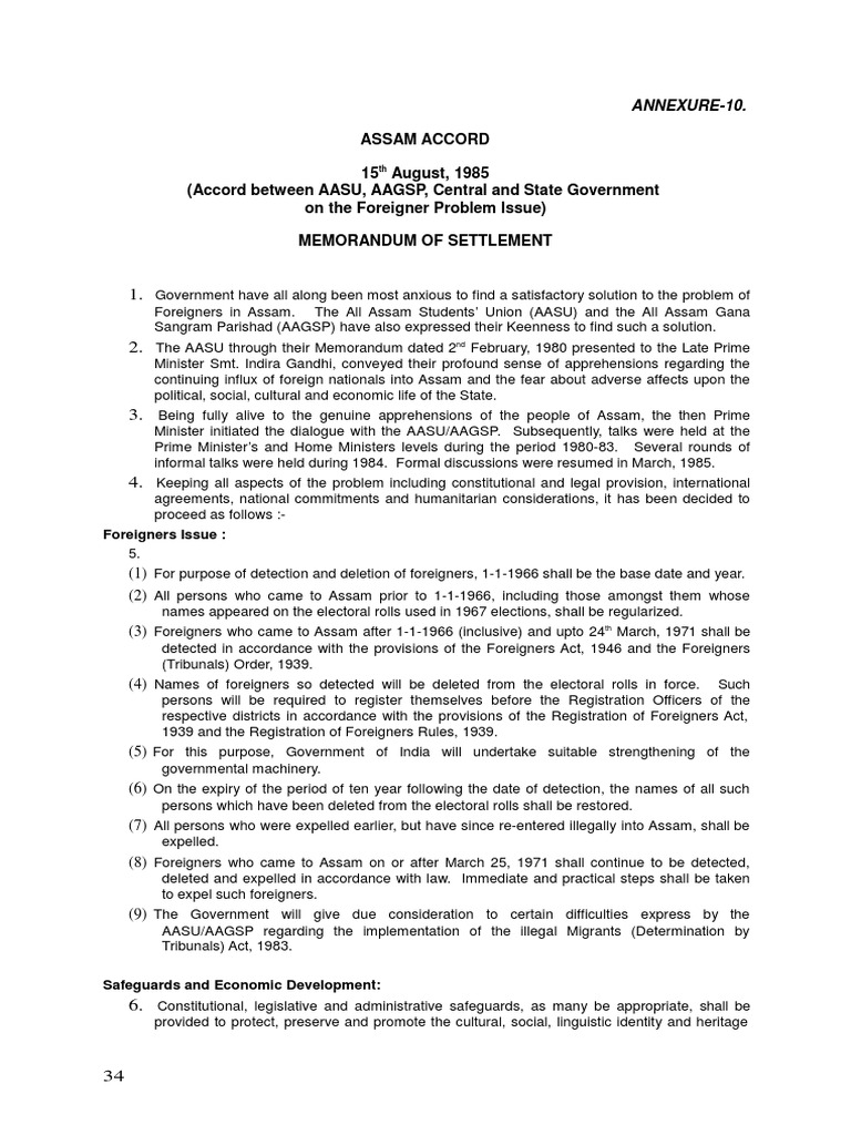Assam Accord 15 August 1985 Accord Between Aasu Aagsp Central And