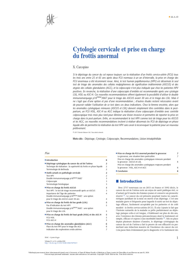 Cytologie Cervicale Et Prise en Charge Du Frottis Anormal: X ...