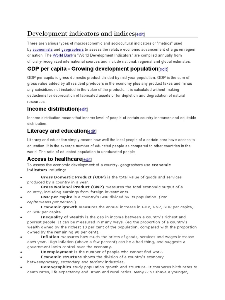 Development Indicators And Indices Gdp Per Capita Growing