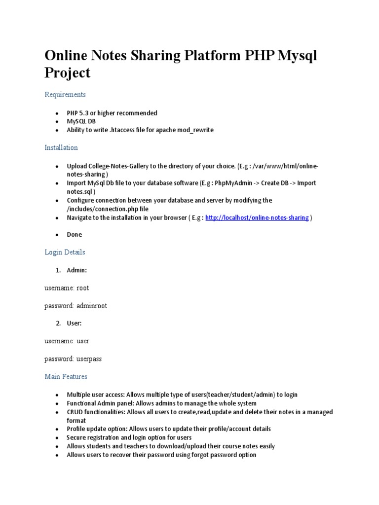Online Notes Sharing Platform PHP Mysql Project | PDF