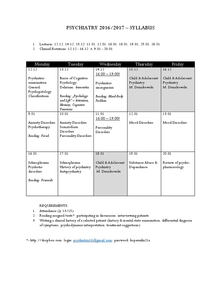 Psychiatry 2016/2017 Syllabus Monday Tuesday Wednesday Thursday