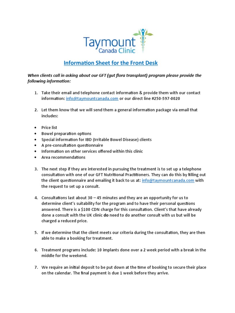 Taymount Canada Information For The Front Desk PDF