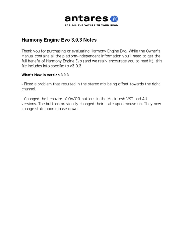 Harmony Engine Evo 3.0.3 Notes What's New in Version 3.0.3 PDF