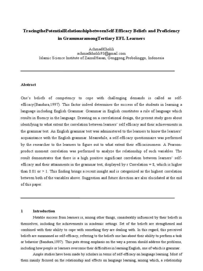 Self-Efficacy and Grammar Proficiency Correlation | PDF | Self Efficacy ...