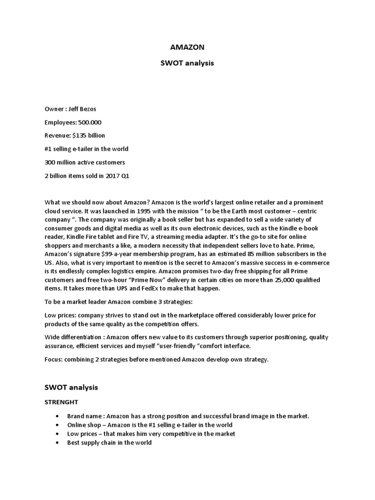 AMAZON - SWOT Analysis | PDF | Online Shopping | Retail