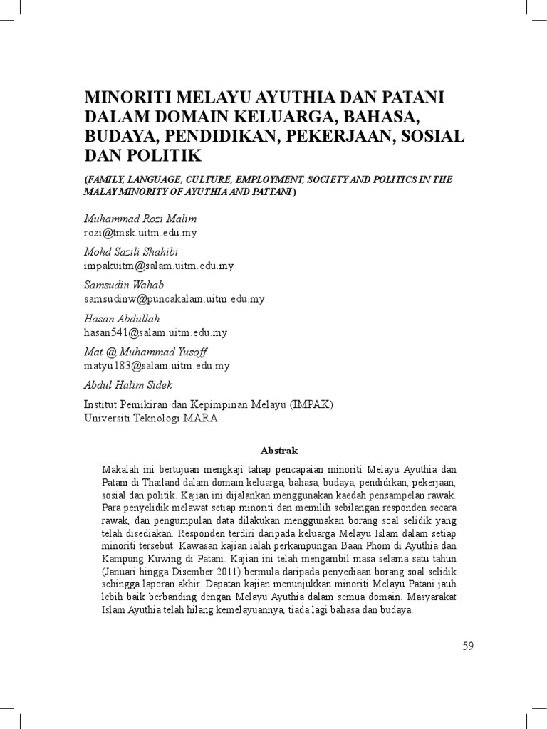 Minoriti Melayu Ayuthia Dan Patani Dalam Domain Keluarga Bahasa Budaya Pendidikan Pekerjaan Sosial Dan Politik Pdf