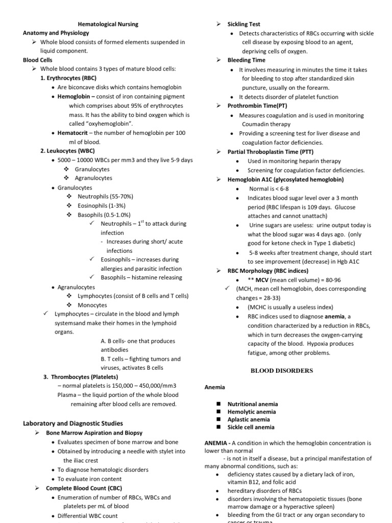 Nursing Notes on Hematology Disorders | PDF | Anemia | Red Blood Cell