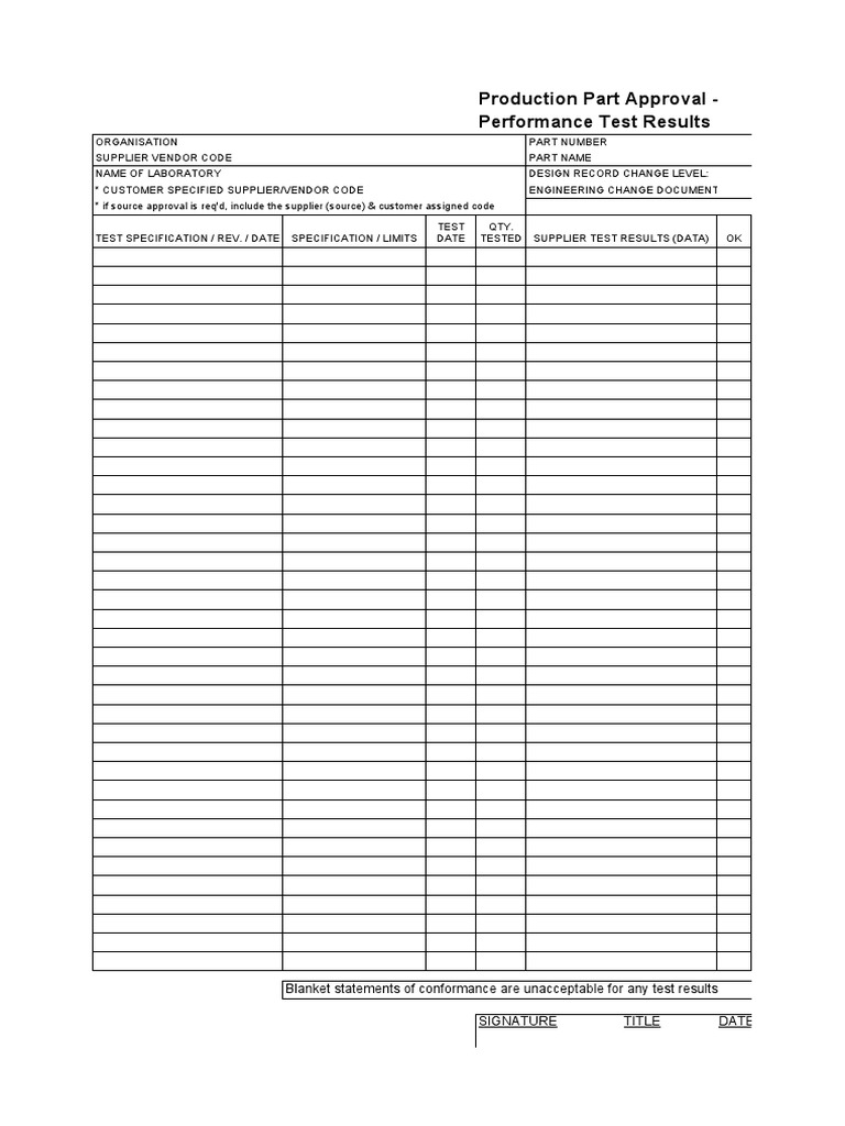 Production Part Approval - Performance Test Results | PDF | Business ...