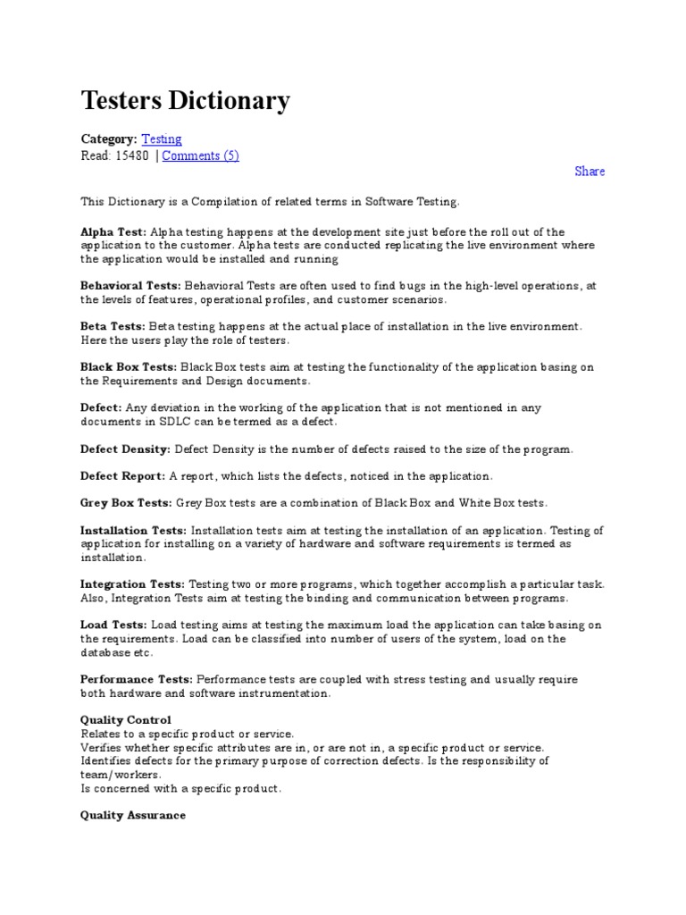 Testers Dictionary Testing Comments (5) Share PDF Software Testing