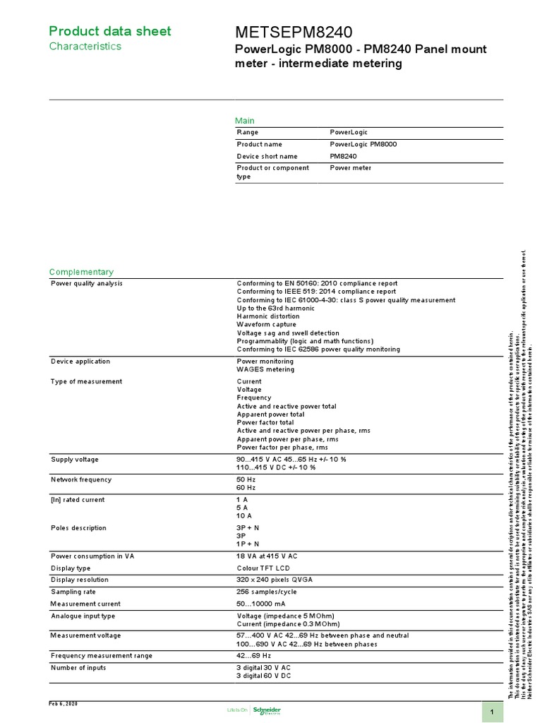 METSEPM8240: Product Data Sheet | PDF | Ac Power | Alternating Current