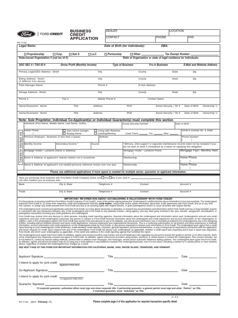 Ford Commercial Credit Application PDF Credit Finance & Money