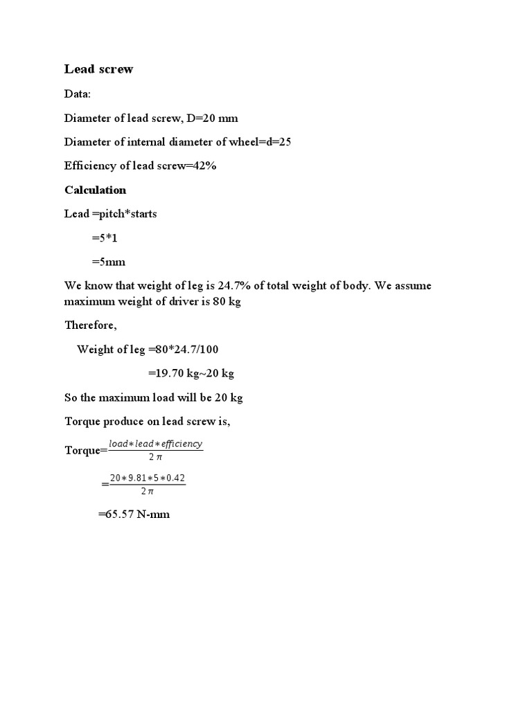 Lead Screw Torque and Efficiency Calculations | PDF