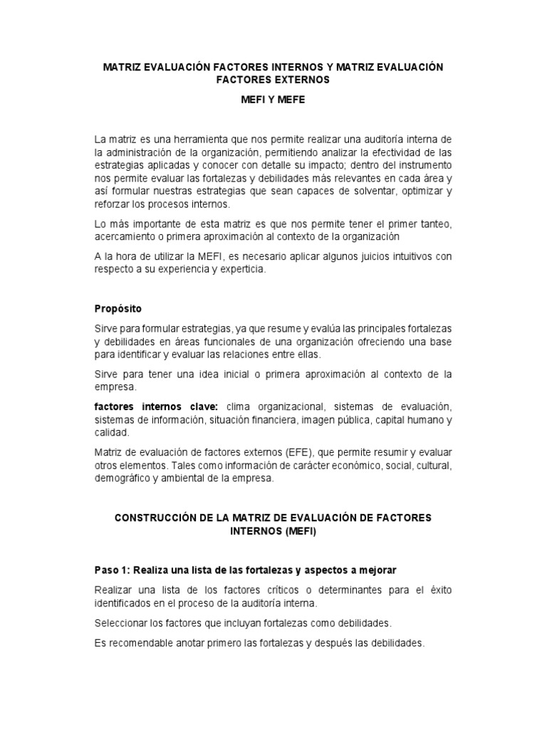 Matrices MEFI y MEFE: Evaluación Estratégica | PDF | Evaluación | Auditoría
