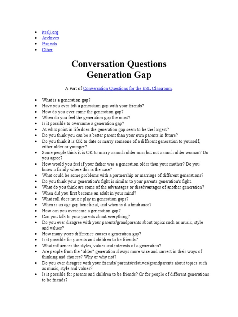 Conversation Questions Generation Gap: Archives Projects Other | PDF ...