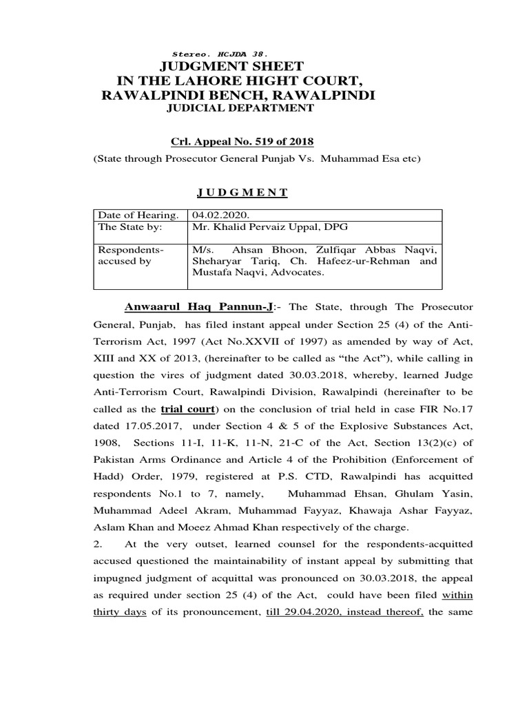 Lahore High Court Crl. Appeal 519/2018 Judgment | PDF | Judgment (Law ...