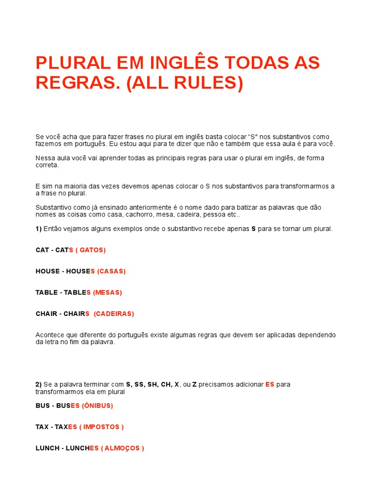 4 - Regras Do Plural em Inglês PDF | Download grátis PDF | Plural | Sintaxe
