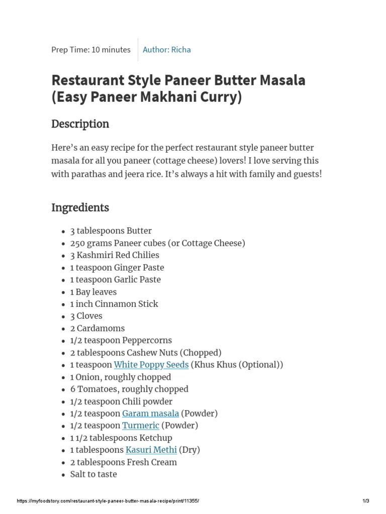 Restaurant Style Paneer Butter Masala Pdf South Asian Cuisine Curry