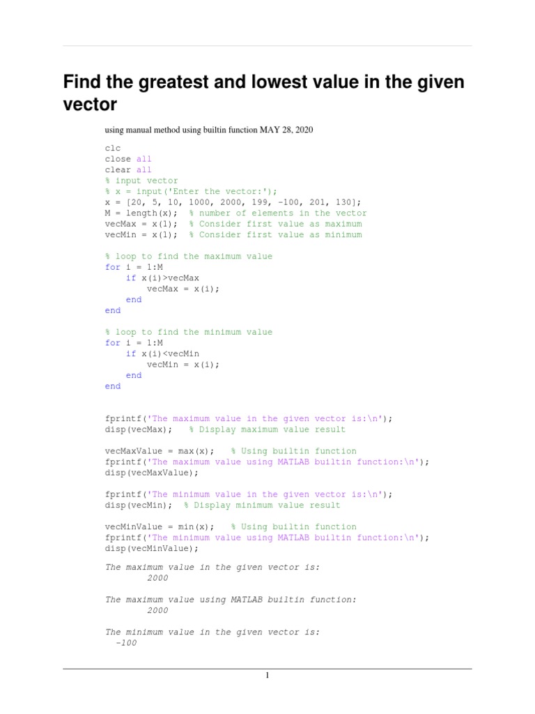 Find Max and Min in MATLAB Vector | PDF