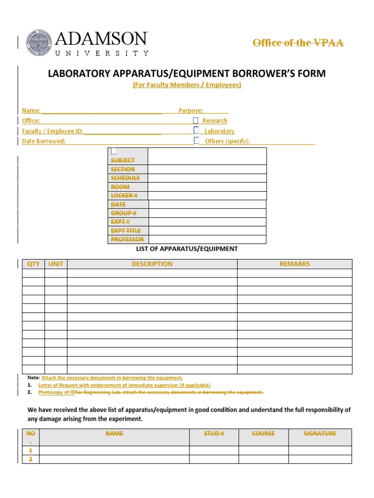 University Laboratory Equipment Borrowing Form Documenting the Checkout and Return of Lab