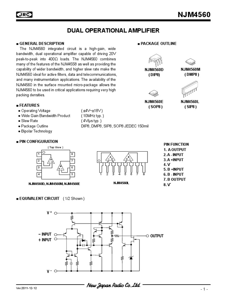 Dual Operational Amplifier: NJM4560D, NJM4560M, NJM4560E NJM4560L | PDF ...