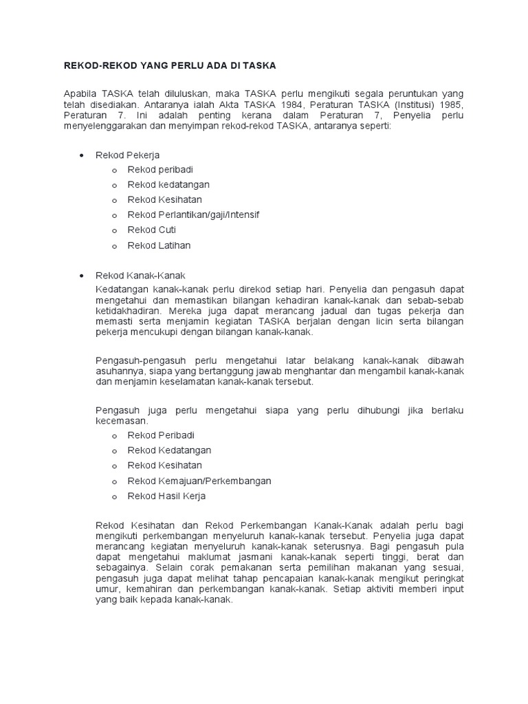 Rekod Penting untuk Pengurusan TASKA | PDF