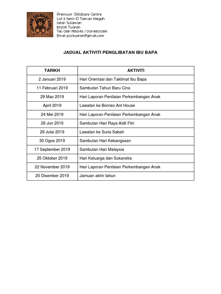 Jadual Aktiviti Penglibatan Ibu Bapa Pdf