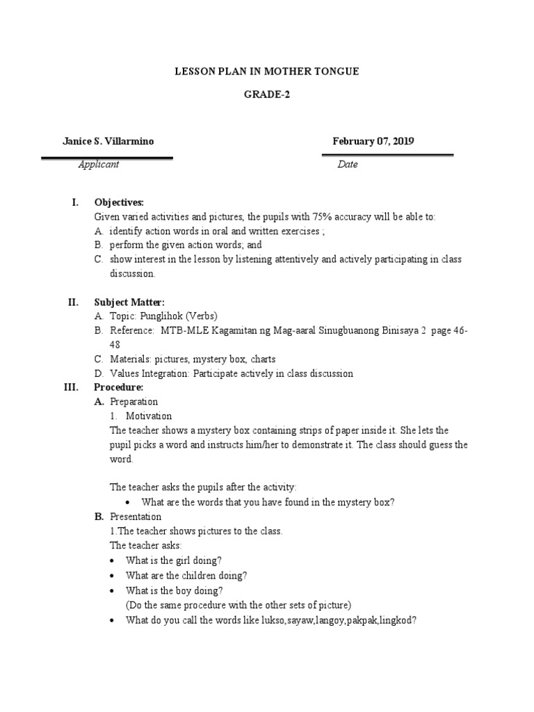 Lesson Plan in Mother Tongue Grade-2: Applicant Date | PDF | Lesson ...