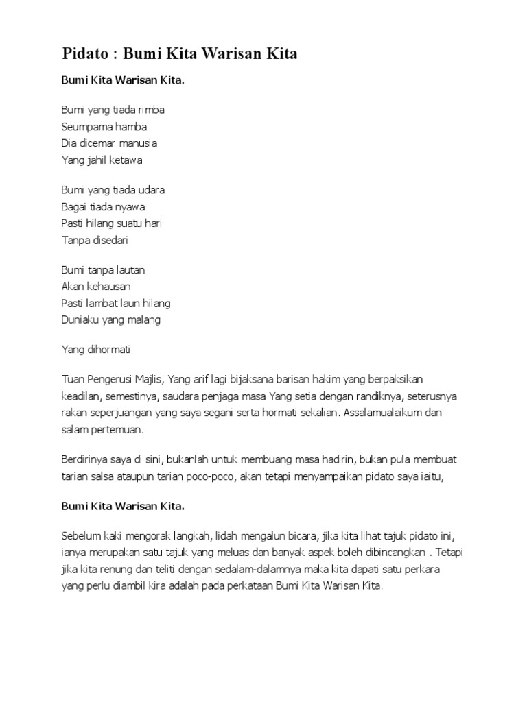 Pidato Bumi Kita Warisan Kita