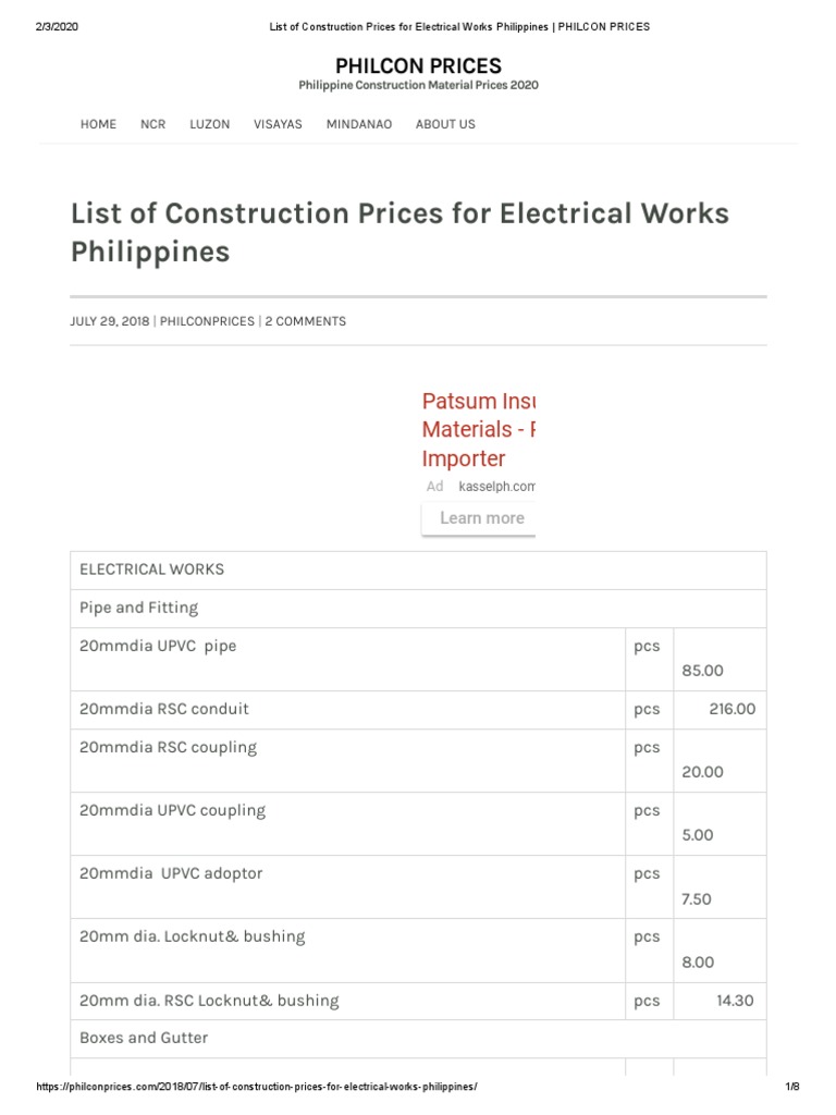 List of Construction Prices For Electrical Works Philippines PHILCON