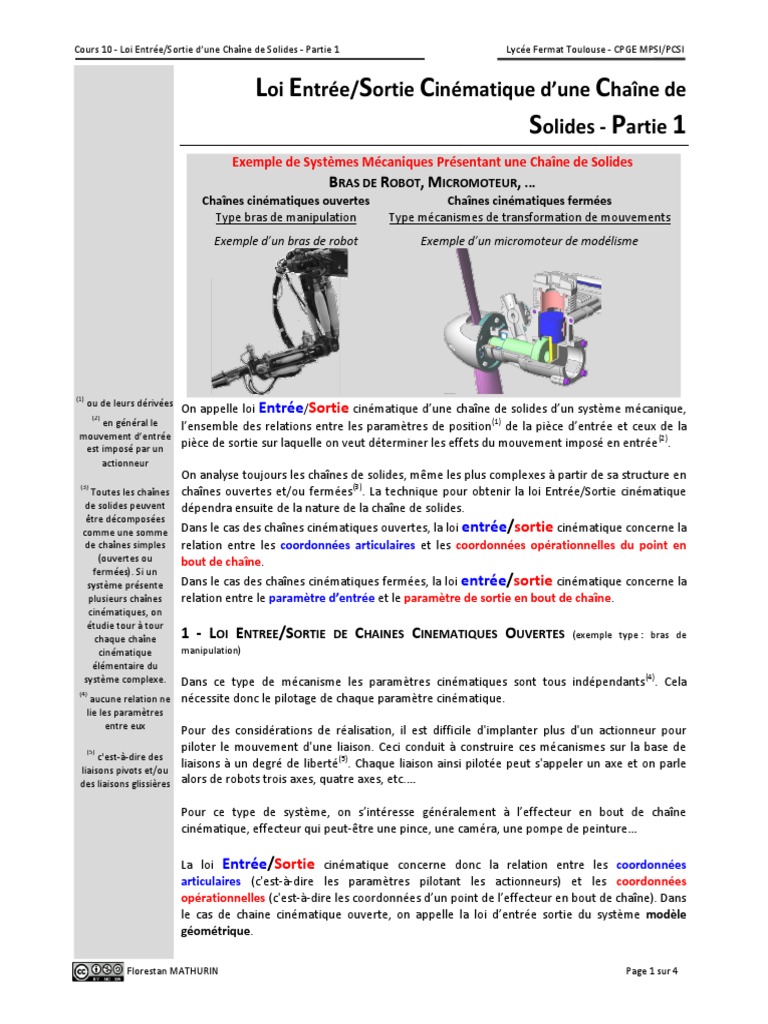 Loi Entrée/Sortie des Chaînes Cinématiques PDF Cinématique Géométrie — free download