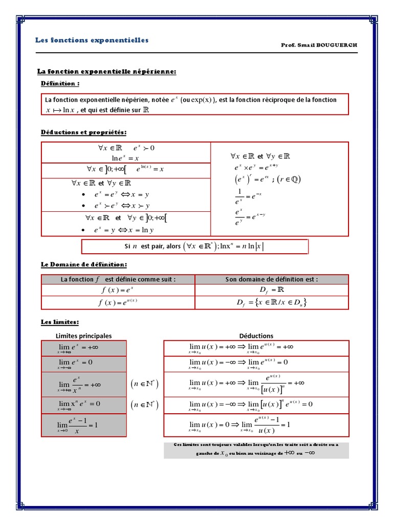 Fonction Exponentielle Exercices Et Problèmes Corrigés Pdf Fonctions Exponentielles Resume de Cours 3 1 | PDF | Fonction exponentielle  | Fonction (Mathématiques)