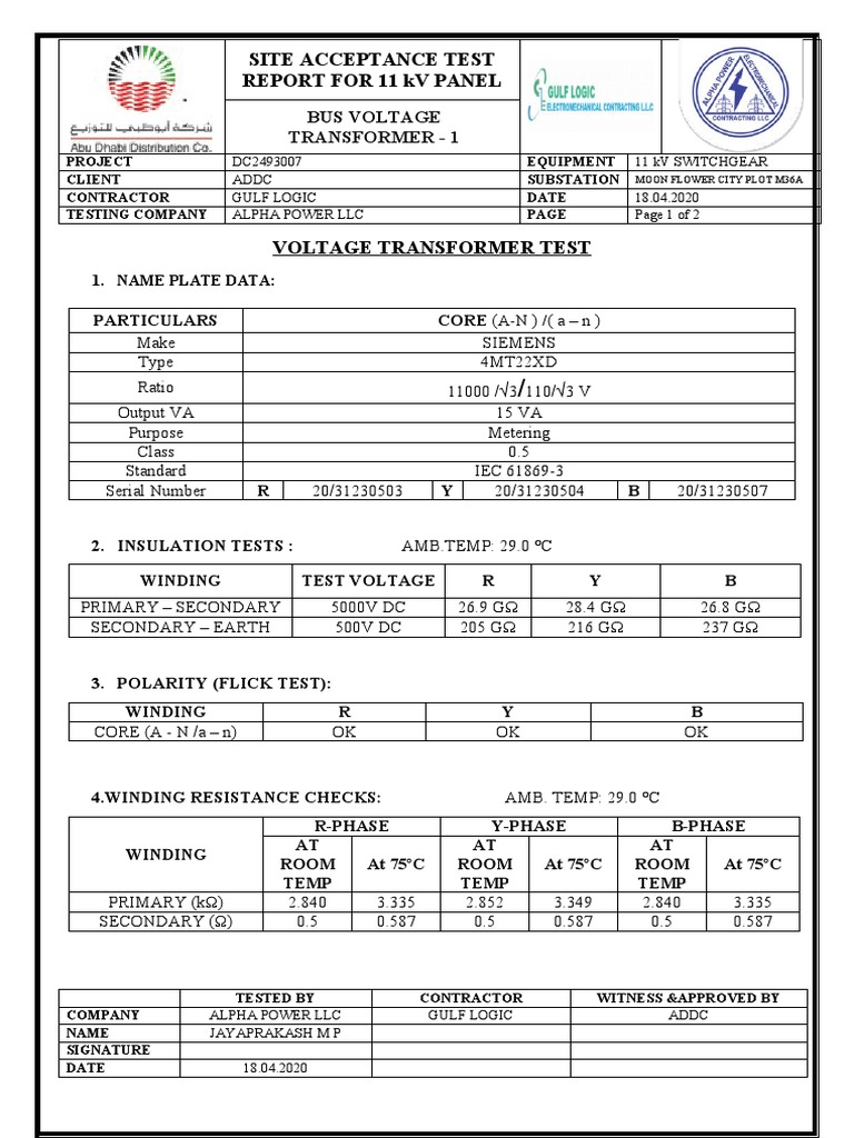 11 kV Voltage Transformer Test Report | PDF | Electrical Substation ...