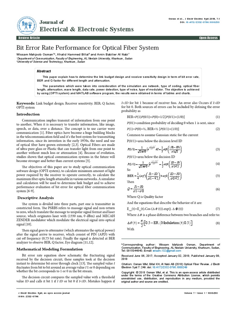 Bit Error Rate Performance For Optical Fiber System 2332 0796 1000250 ...