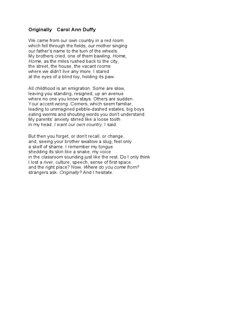 Originally carol ann duffy home as the miles rushed back to the city