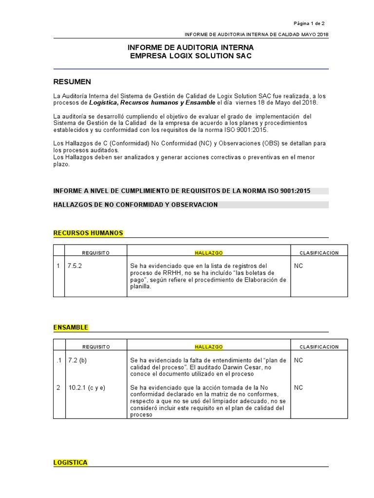 Informe de Auditoría Interna ISO 9001 | PDF | Sistema de manejo de ...