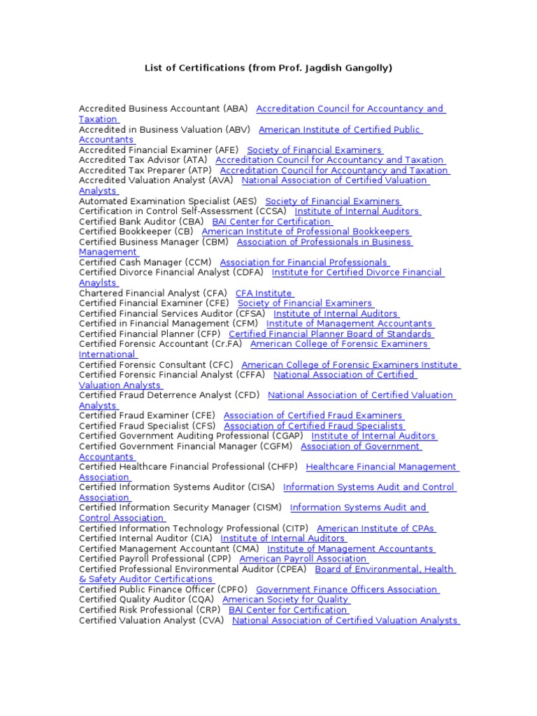 Comprehensive List of Certifications for Accounting and Finance ...